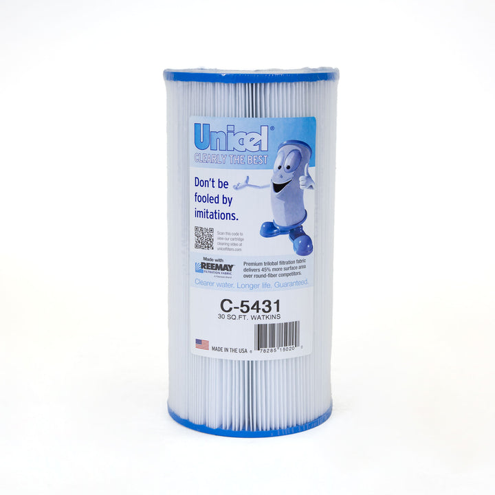 Cylindrical pleated filter cartridge with blue end caps and a white label featuring Unicel branding and cartoon character