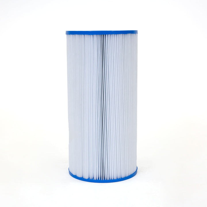cylindrical replacement filter cartridge with white pleated fabric and blue end caps on white background