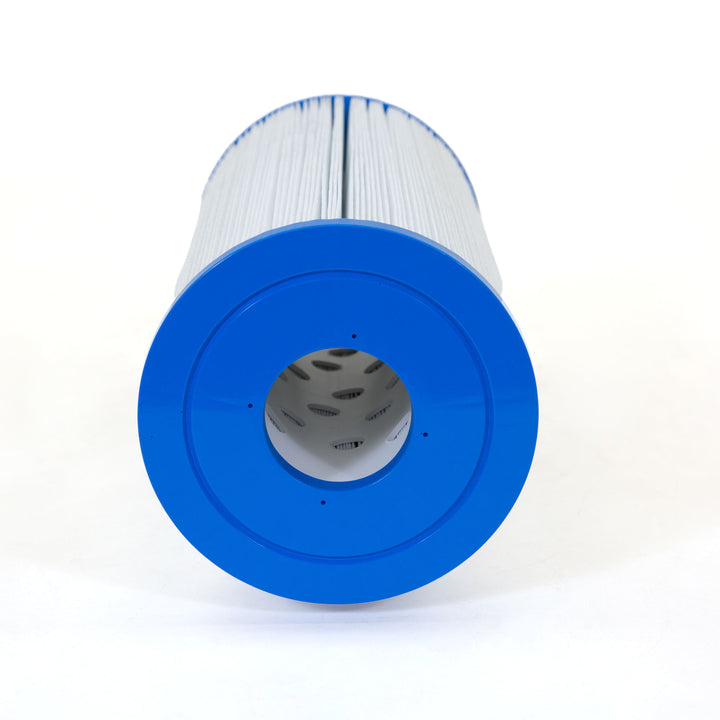 cylindrical replacement filter cartridge with blue plastic end caps and pleated white filter material
