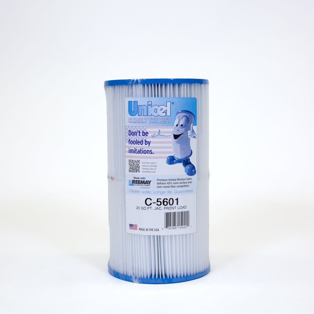 Cylindrical white pool filter cartridge with blue end caps and a label featuring text and a cartoon filter character giving a thumbs up