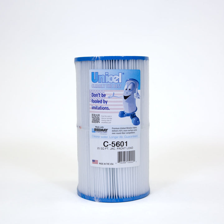 Cylindrical white pool filter cartridge with blue end caps and a label featuring text and a cartoon filter character giving a thumbs up