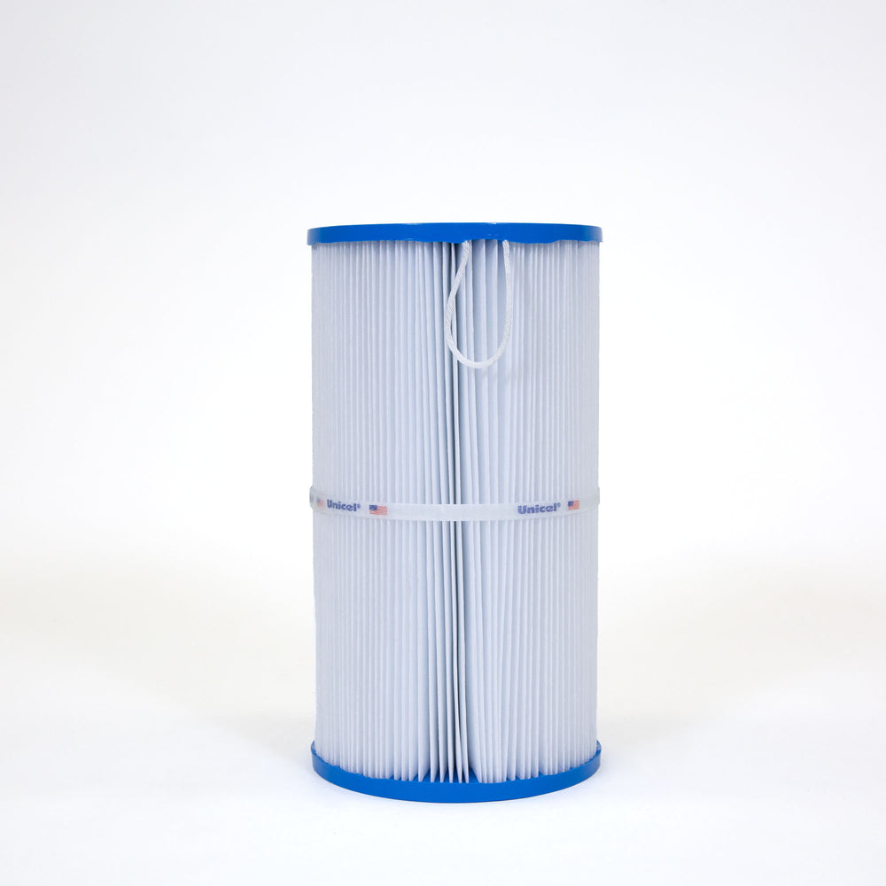 Cylindrical white pleated filter cartridge with blue plastic end caps and a white rope loop at the top