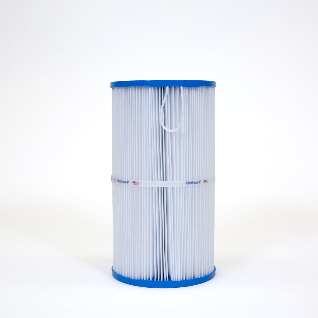 Cylindrical white pleated filter cartridge with blue plastic end caps and a white rope loop at the top