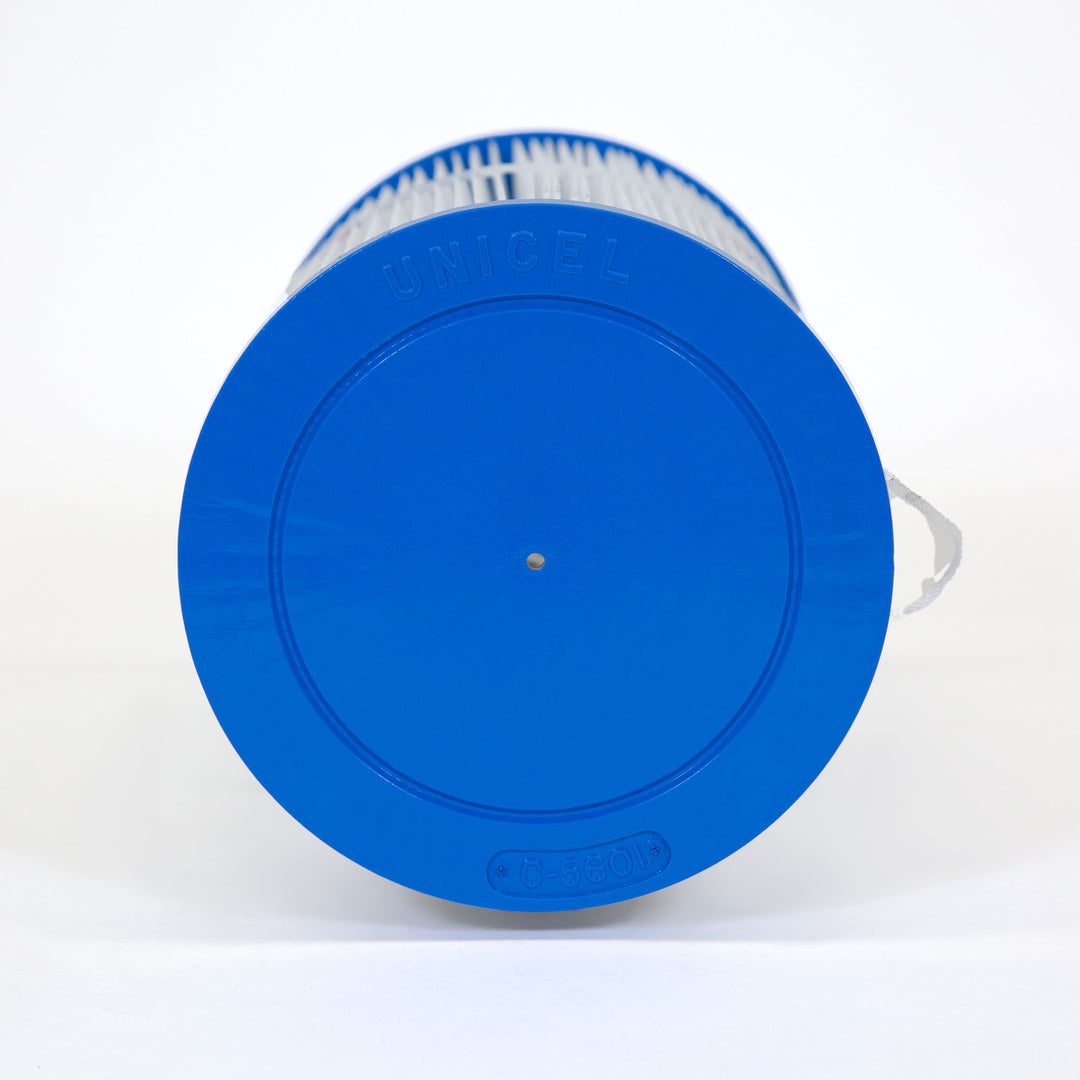 Cylindrical pool filter cartridge with blue end cap and white pleated filter material inside