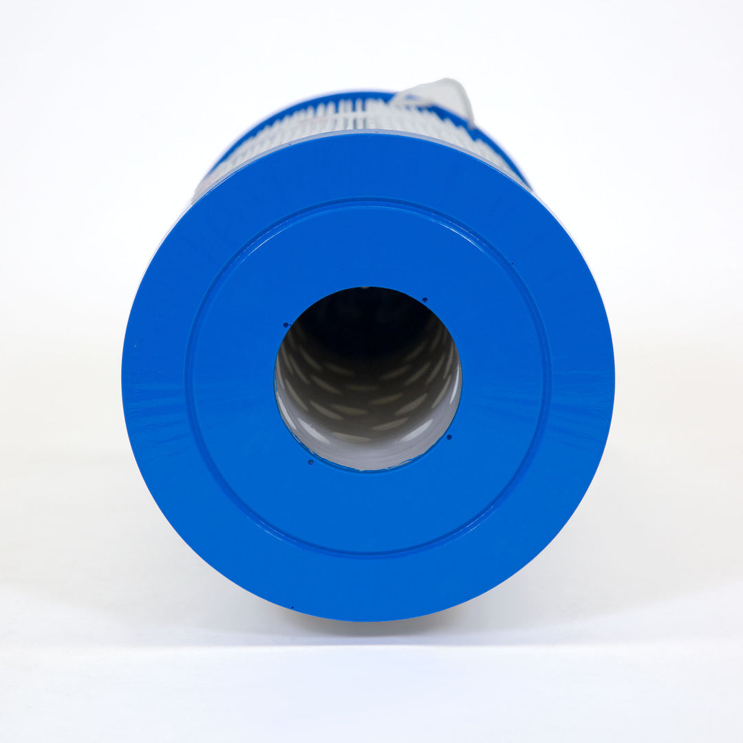 cylindrical pool filter cartridge with bright blue plastic end caps and white pleated filtration material