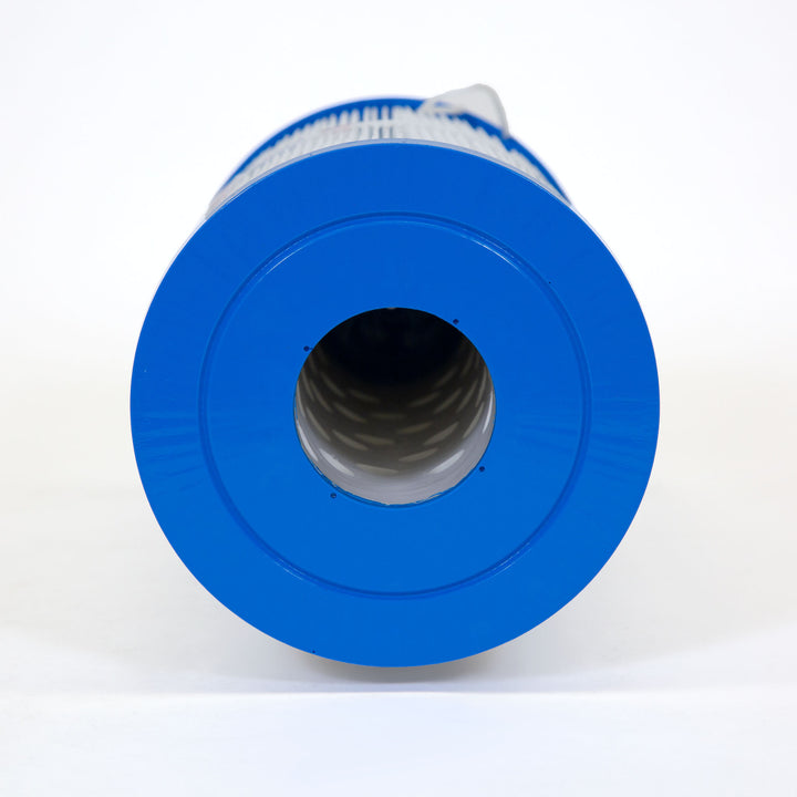 cylindrical pool filter cartridge with bright blue plastic end caps and white pleated filtration material