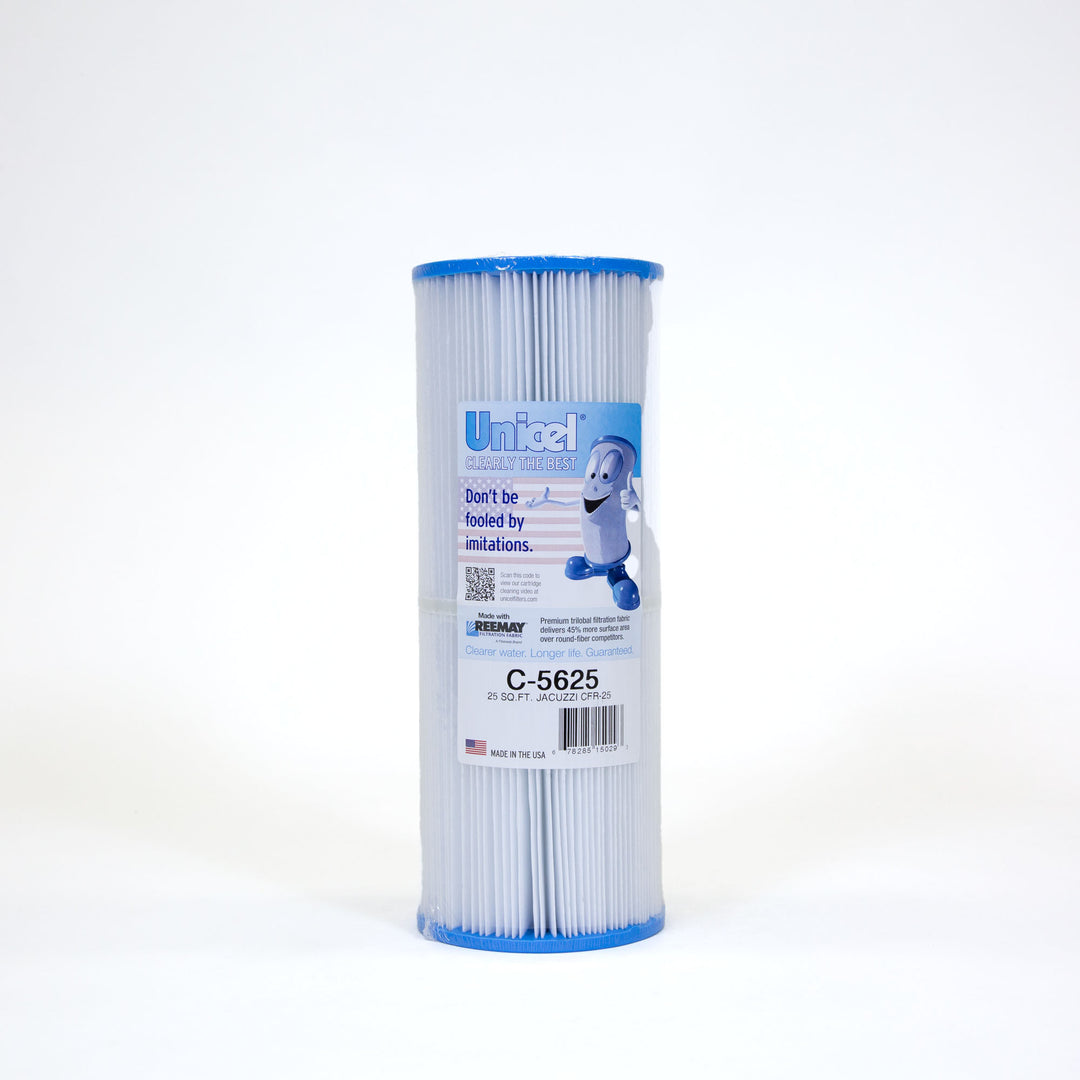 Tall cylindrical pool filter cartridge with pleated white material and blue end caps labeled Unicel C-5625