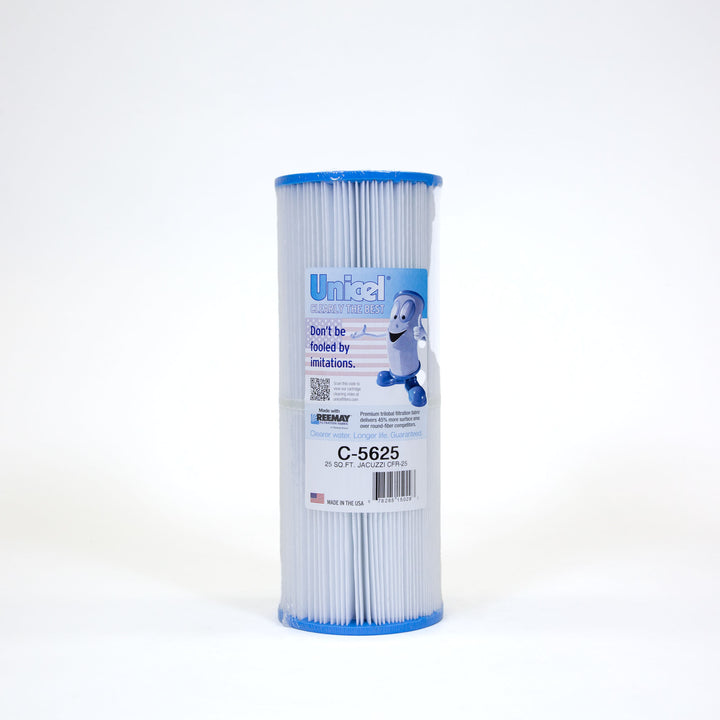 Tall cylindrical pool filter cartridge with pleated white material and blue end caps labeled Unicel C-5625