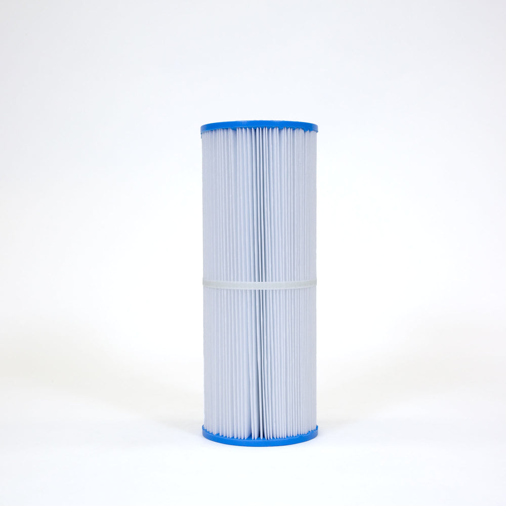 cylindrical pleated pool filter cartridge with blue end caps and a white band around the center on a white background