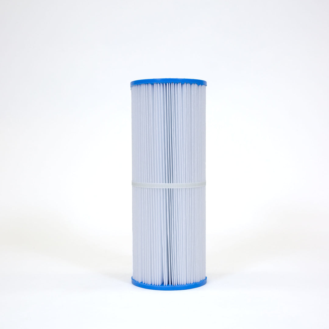 cylindrical pleated pool filter cartridge with blue end caps and a white band around the center on a white background
