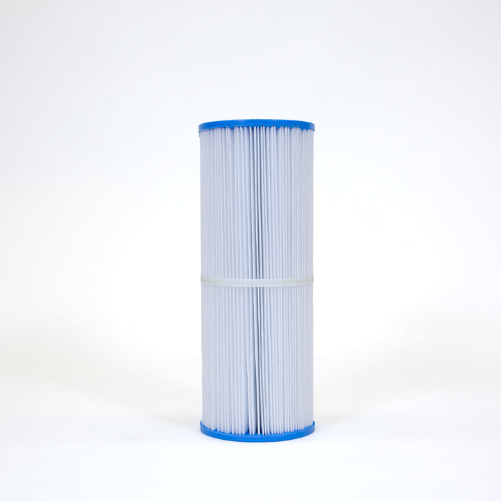 cylindrical pleated pool filter cartridge with blue end caps and a white band around the center on a white background