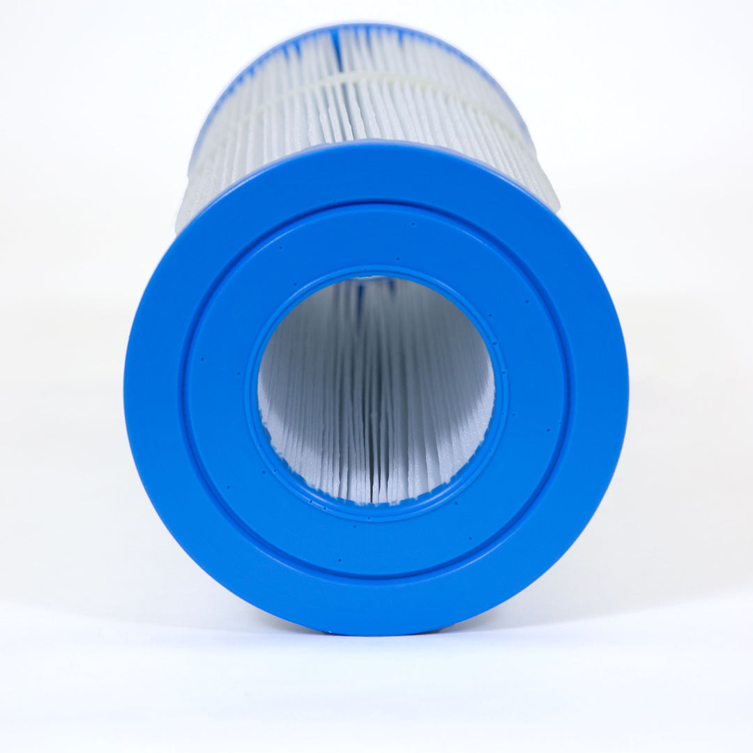 Close-up view of a cylindrical replacement filter cartridge with blue end caps and white pleated filter material