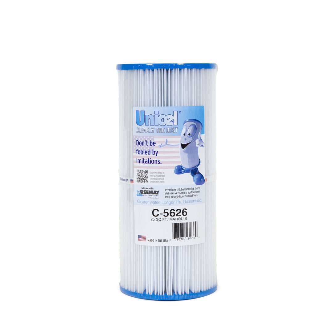 cylindrical replacement filter cartridge with blue caps and pleated white filtration material standing upright on white background