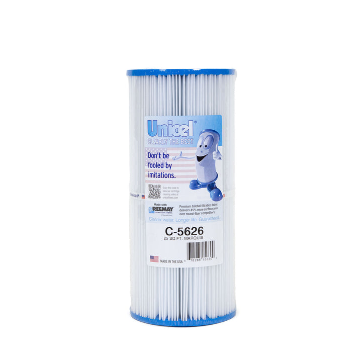 cylindrical replacement filter cartridge with blue caps and pleated white filtration material standing upright on white background