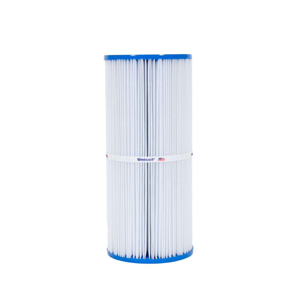 Tall cylindrical white pleated filter cartridge with blue caps on top and bottom and a white band around the center