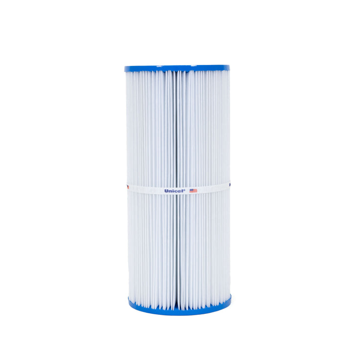 Tall cylindrical white pleated filter cartridge with blue caps on top and bottom and a white band around the center