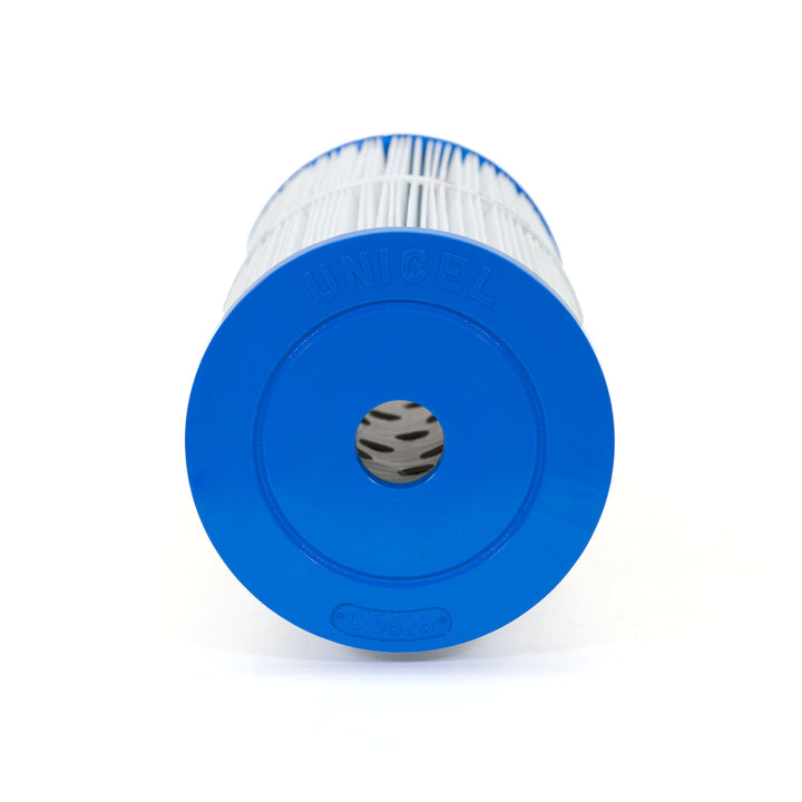 Cylindrical pool filter cartridge with blue end caps and pleated white filtering material