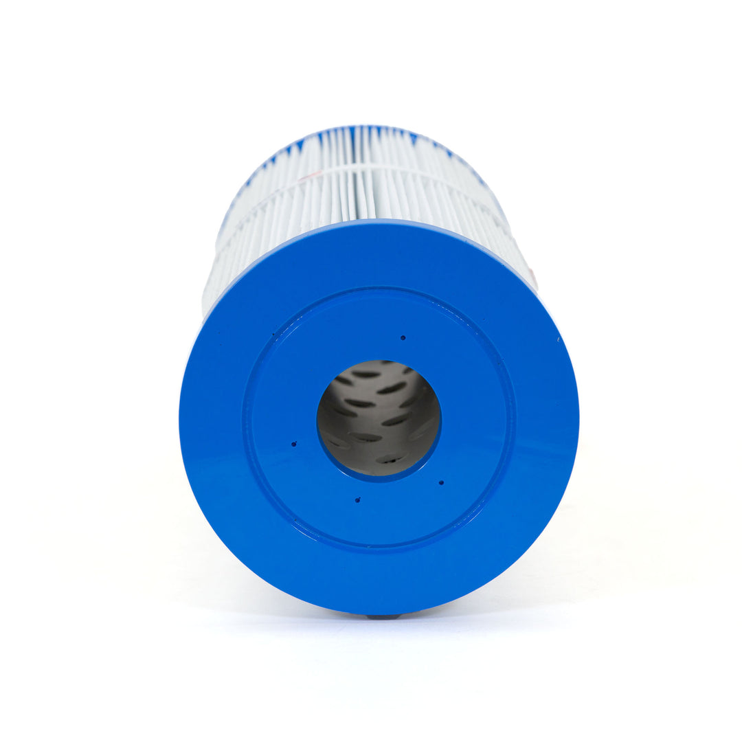 cylindrical pool filter cartridge with blue plastic end caps and white pleated filter material