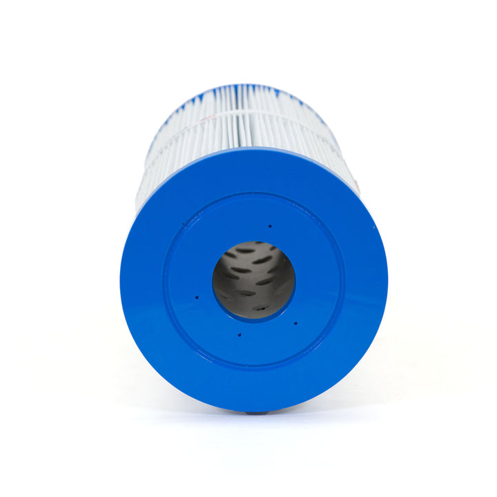 cylindrical pool filter cartridge with blue plastic end caps and white pleated filter material