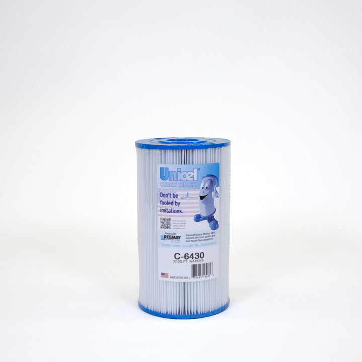 Cylindrical white pleated pool filter cartridge with blue end caps and a label featuring a cartoon character and product information