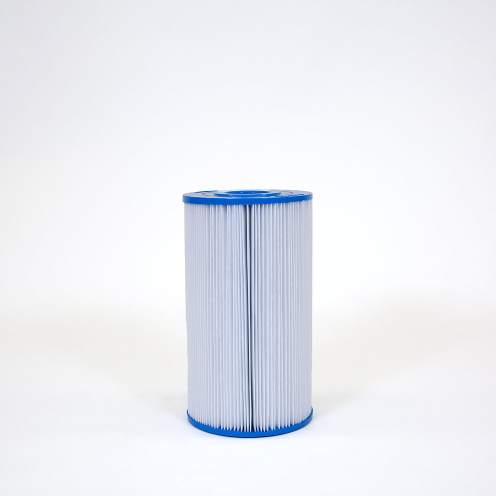 cylindrical pool and spa filter cartridge with white pleated material and blue plastic end caps on a white background
