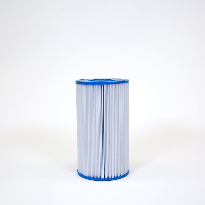 cylindrical pool and spa filter cartridge with white pleated material and blue plastic end caps on a white background