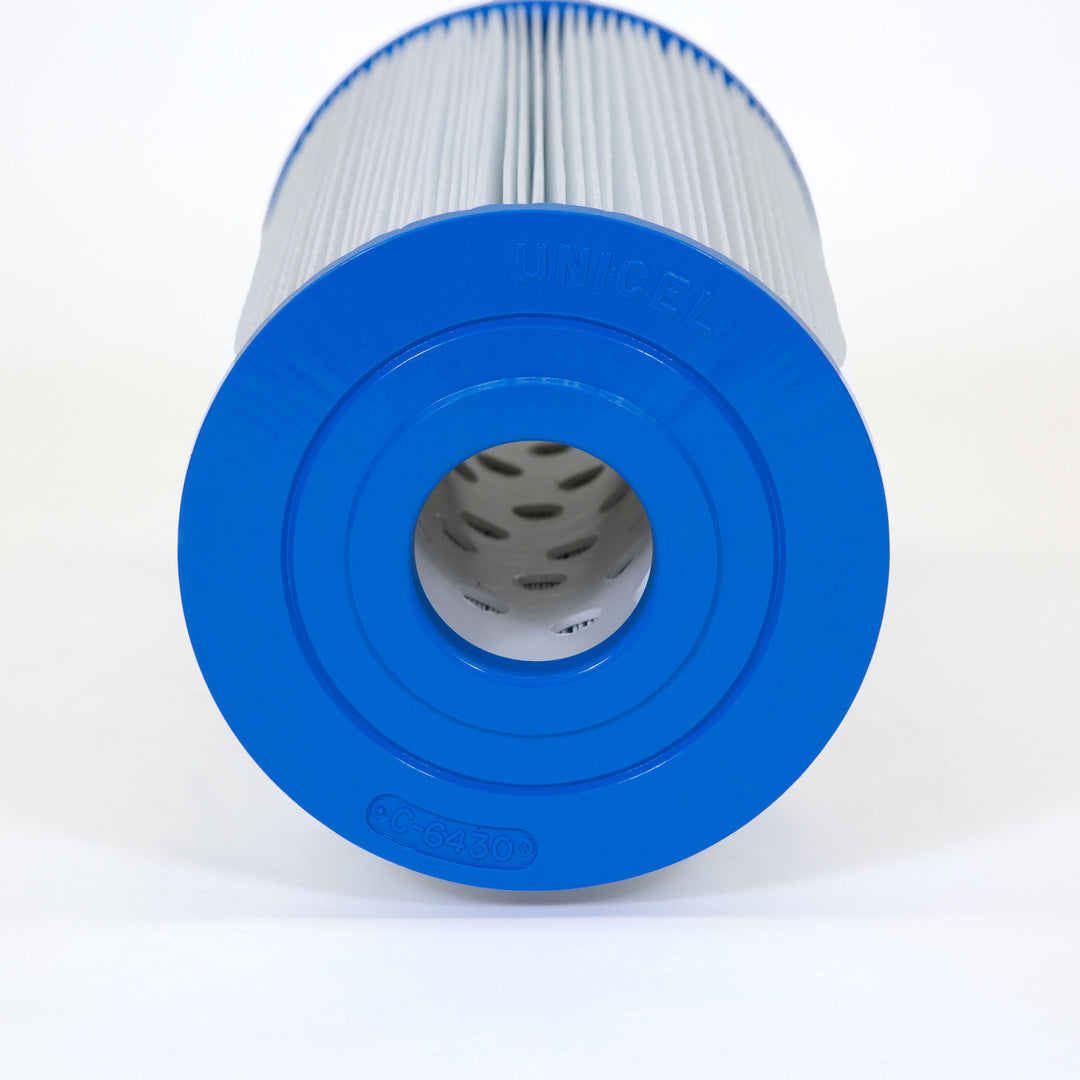 cylindrical pool filter cartridge with a blue plastic end cap and pleated white filter material