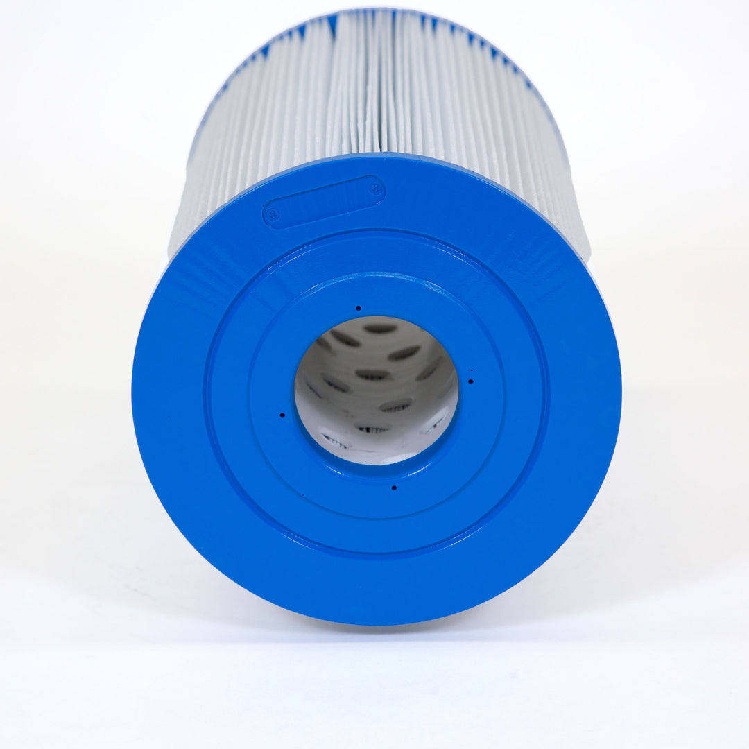 White cylindrical pool filter cartridge with a bright blue circular end cap and a hollow center for water flow