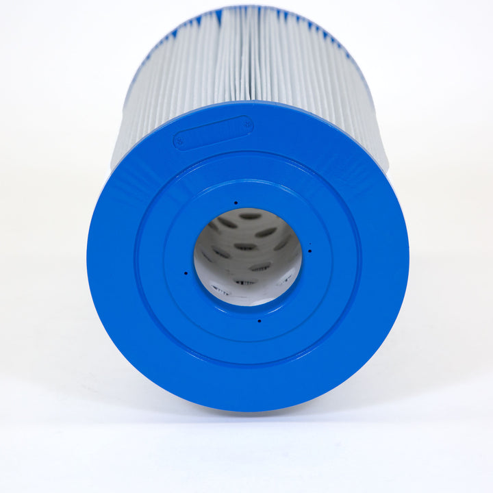 White cylindrical pool filter cartridge with a bright blue circular end cap and a hollow center for water flow