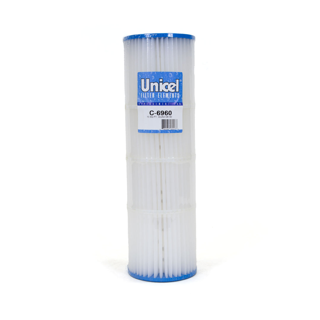 Vertical white pleated pool filter cartridge with blue top and bottom, labeled with Unicel brand and model C-6960