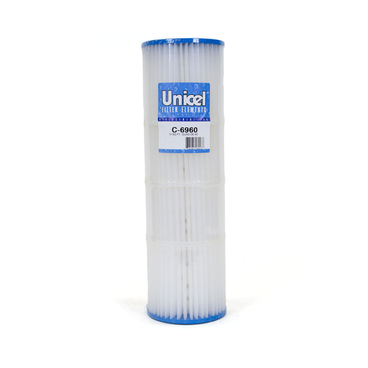 Vertical white pleated pool filter cartridge with blue top and bottom, labeled with Unicel brand and model C-6960
