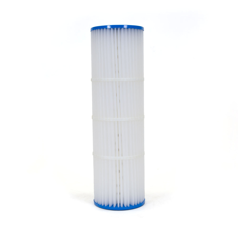 Tall cylindrical pool filter cartridge with white pleated material and blue plastic caps on top and bottom