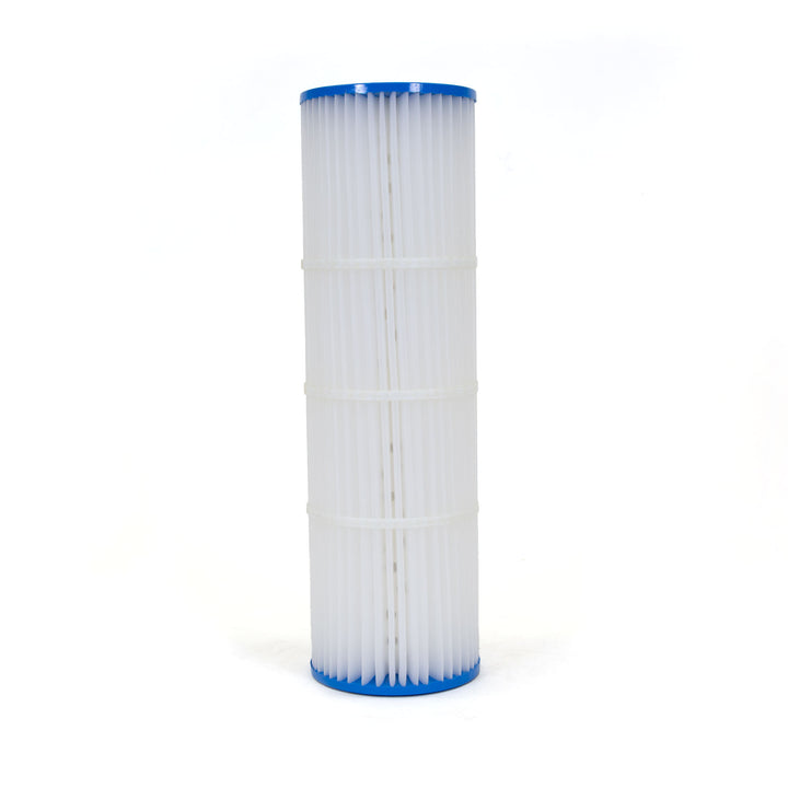 Tall cylindrical pool filter cartridge with white pleated material and blue plastic caps on top and bottom