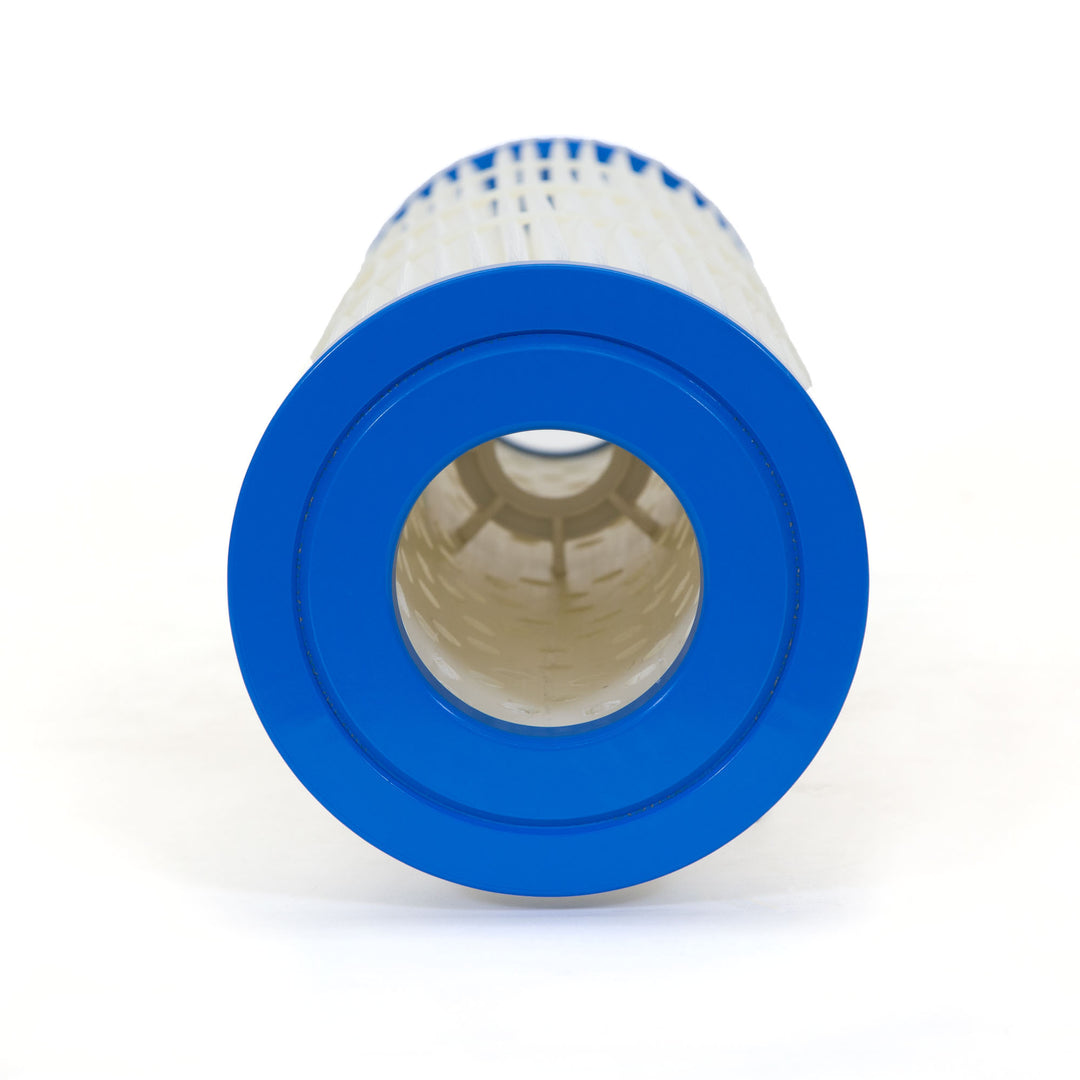 cylindrical pool filter cartridge with blue end caps and white pleated filter material