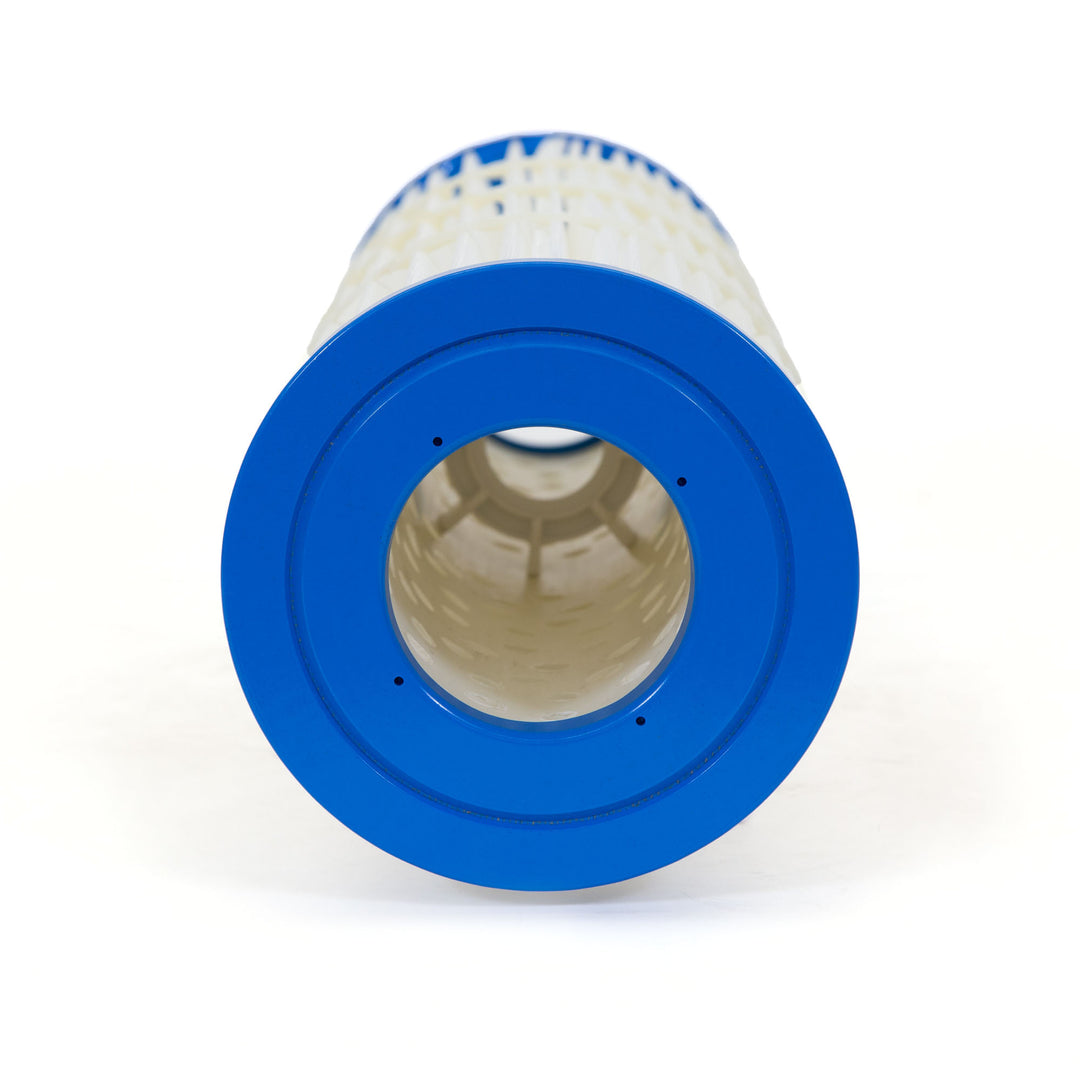 Cylindrical pool filter cartridge with blue plastic end caps and white pleated filtration material inside