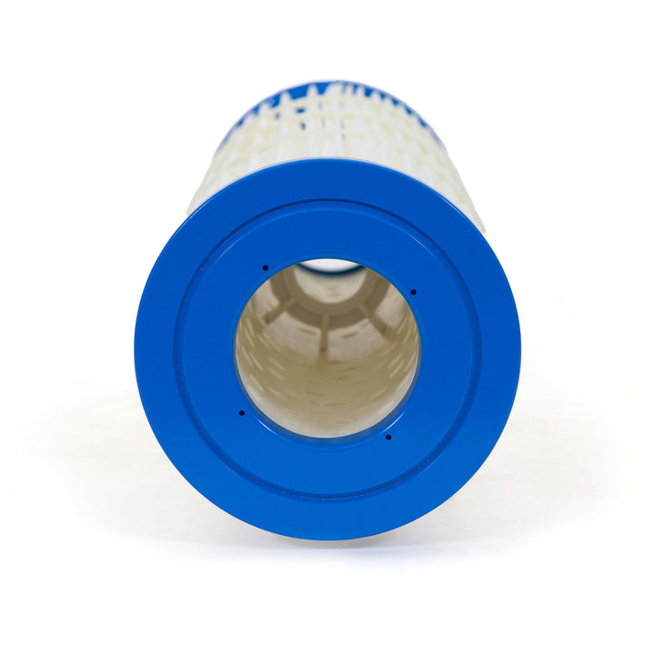 Cylindrical pool filter cartridge with blue plastic end caps and white pleated filtration material inside