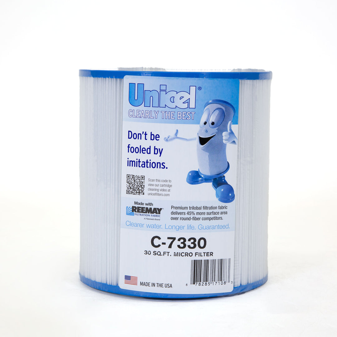cylindrical white pleated micro filter cartridge with blue edges and a label showing a cartoon filter mascot giving thumbs up