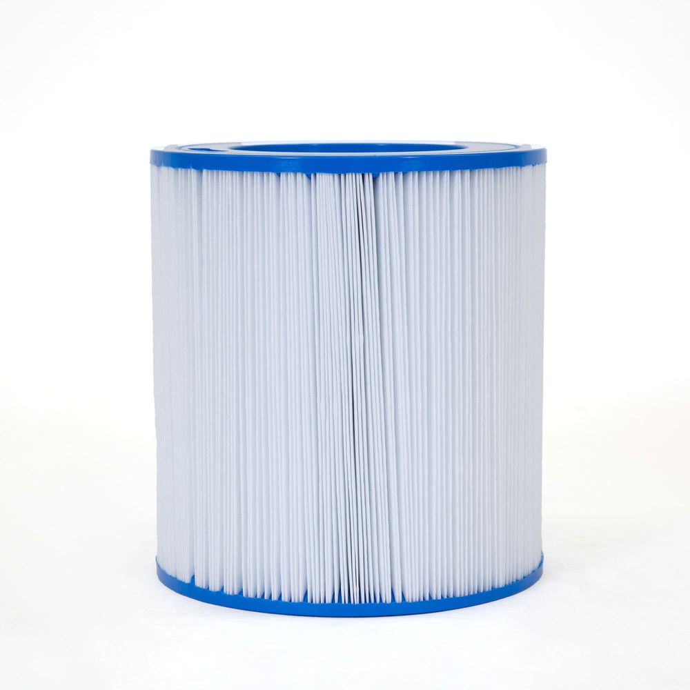 cylindrical pool filter cartridge with pleated white filter material and blue plastic end caps on a white background
