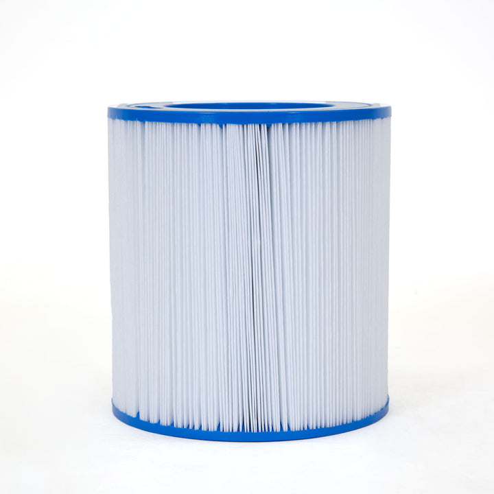 cylindrical pool filter cartridge with pleated white filter material and blue plastic end caps on a white background