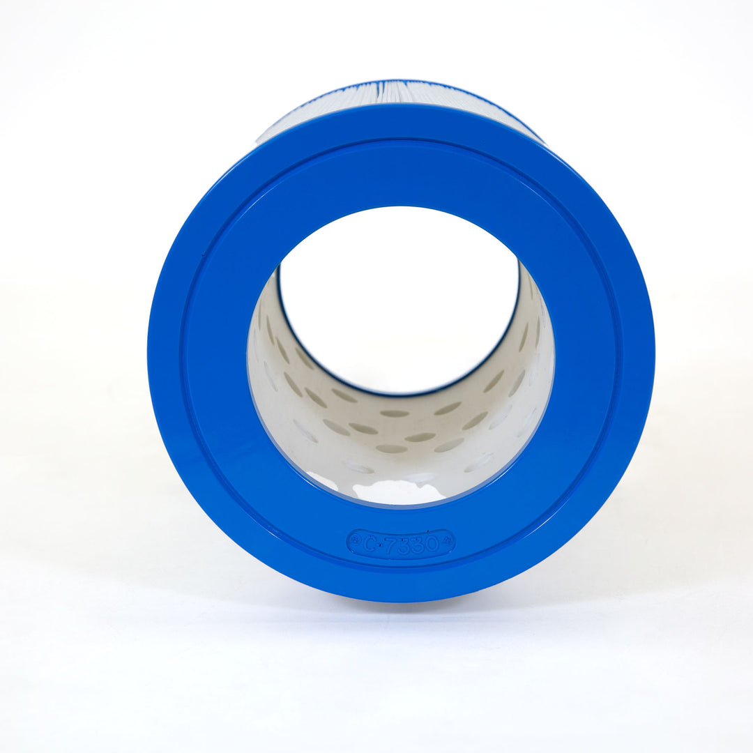 cylindrical pool filter cartridge with blue plastic ends and white pleated filter material in the middle