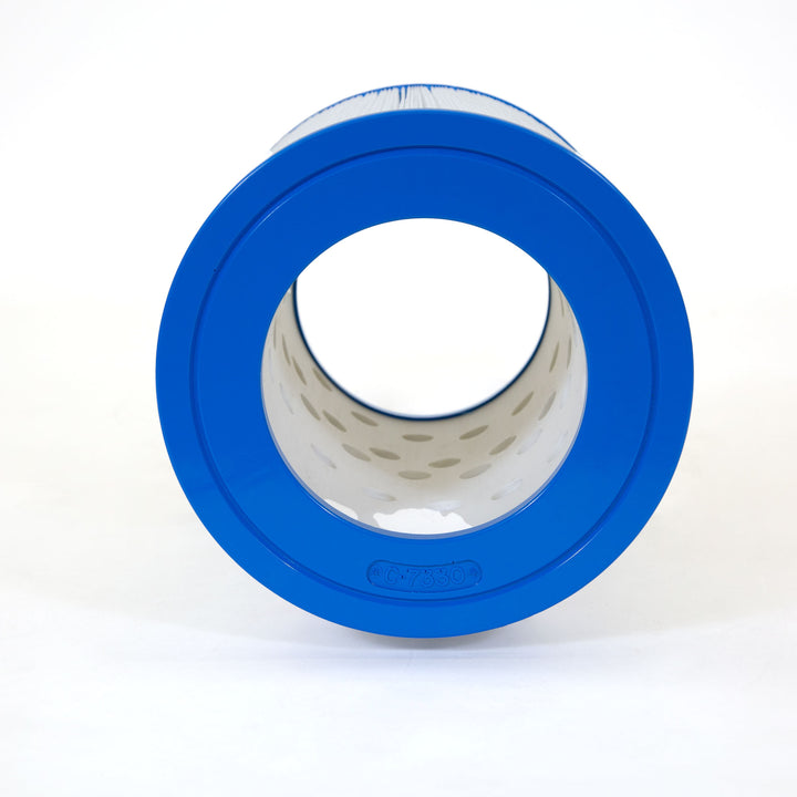 cylindrical pool filter cartridge with blue plastic ends and white pleated filter material in the middle