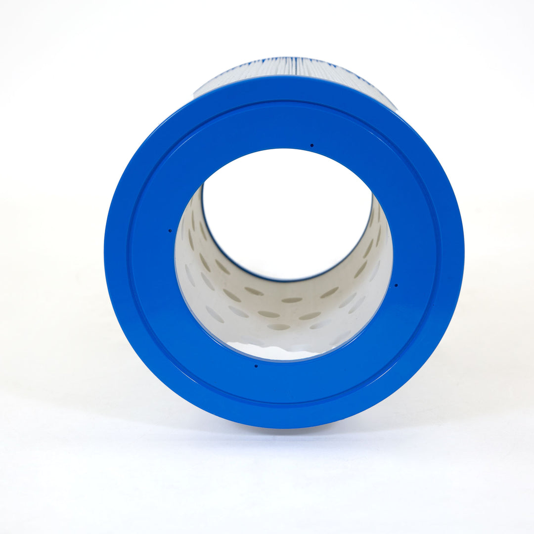 cylindrical micro filter replacement cartridge with blue plastic end caps and white perforated inner tube on white background