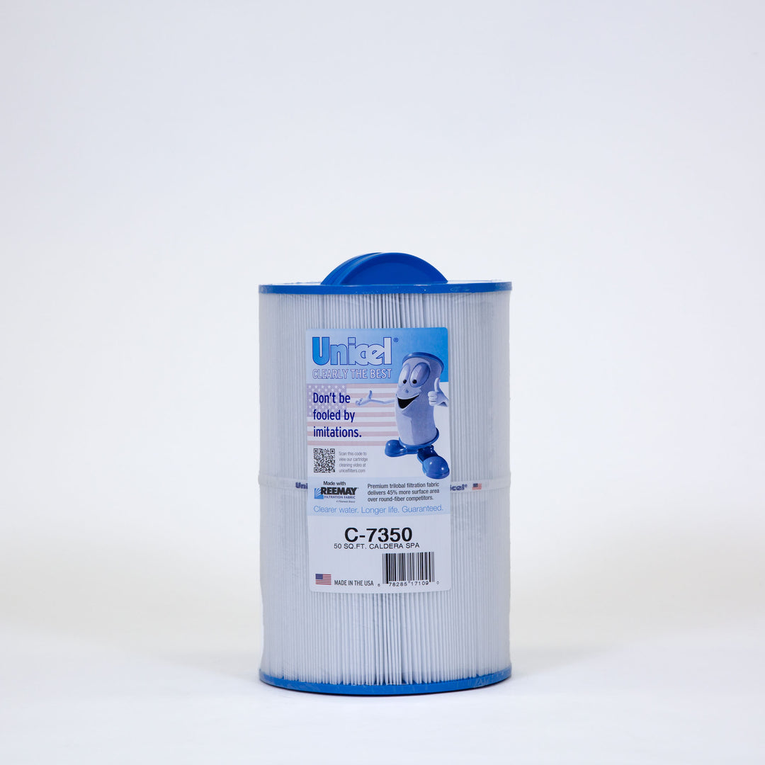 cylindrical white pool or spa filter cartridge with blue plastic ends and a label featuring branding and product details