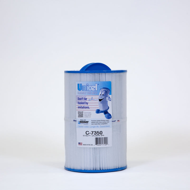 cylindrical white pool or spa filter cartridge with blue plastic ends and a label featuring branding and product details