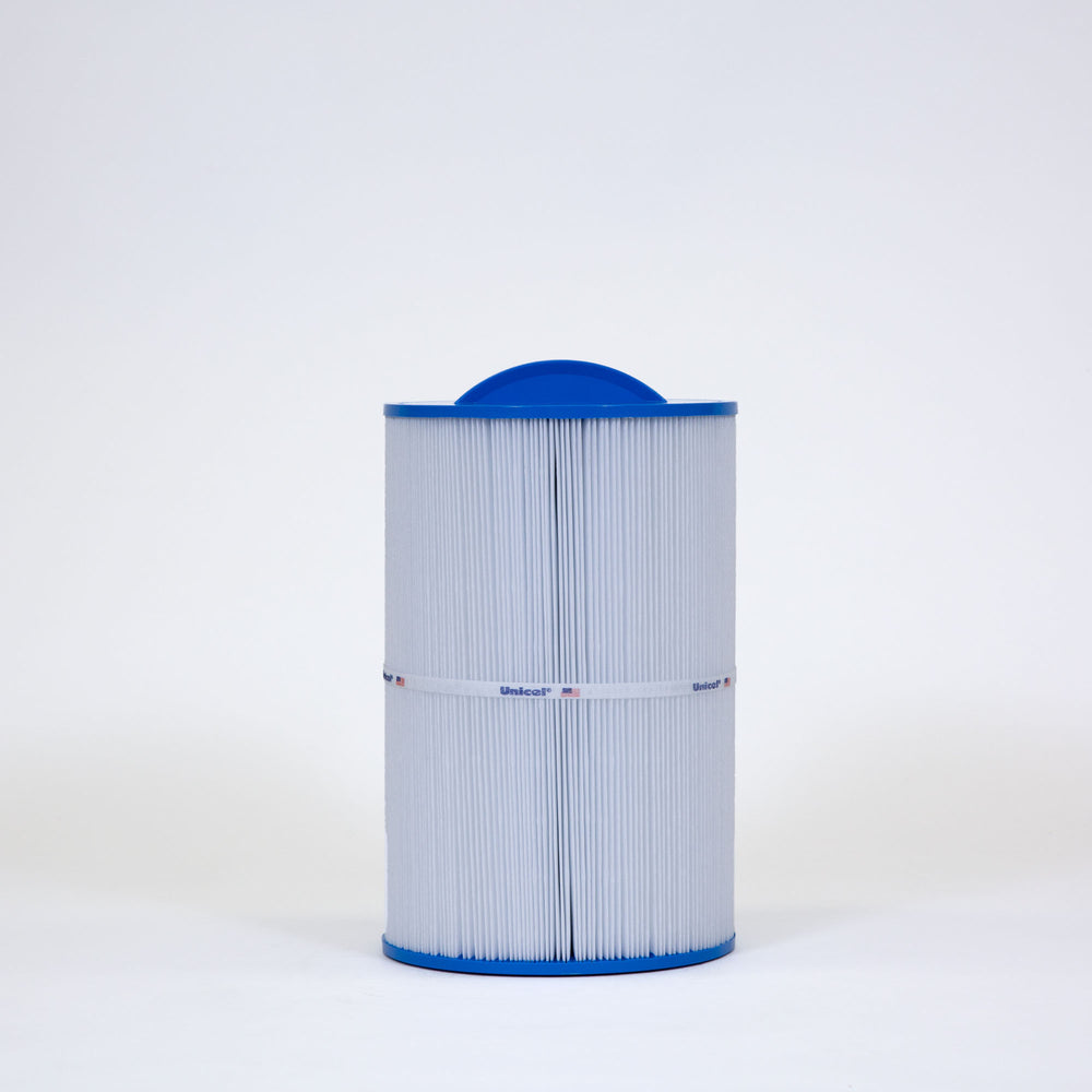 cylindrical replacement filter cartridge with white pleated material and blue plastic end caps standing upright on plain white surface