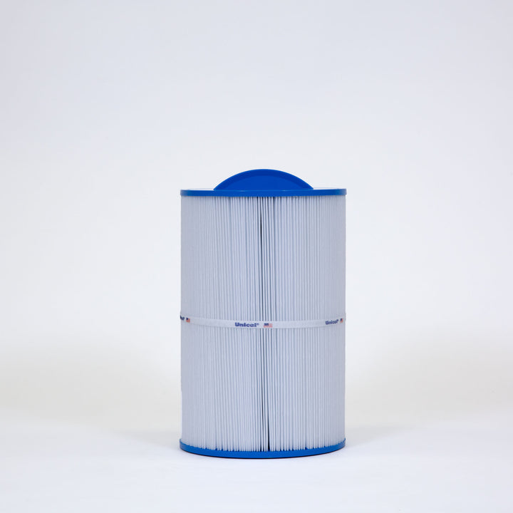 cylindrical replacement filter cartridge with white pleated material and blue plastic end caps standing upright on plain white surface