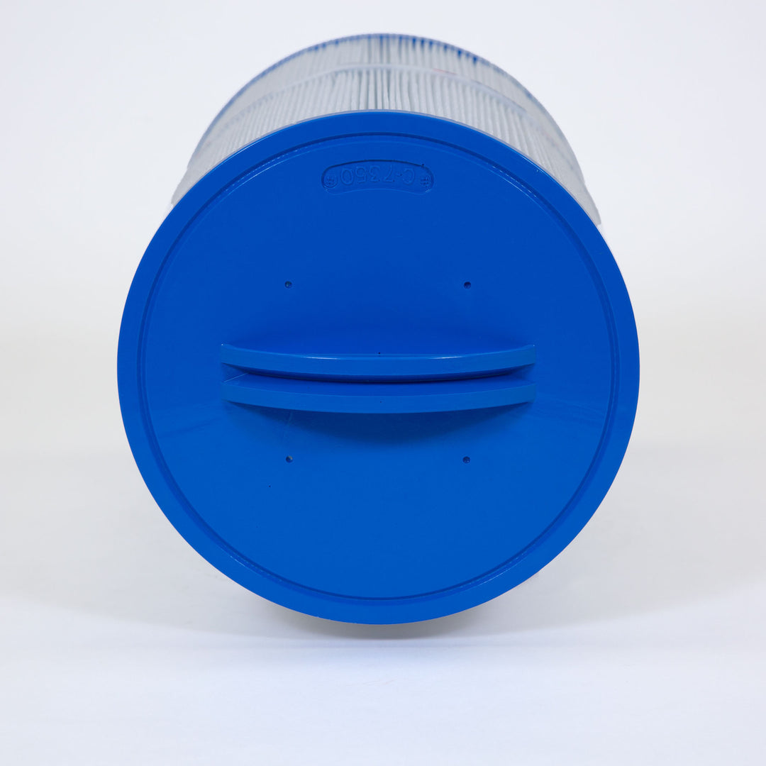Cylindrical blue pool filter cartridge with ribbed pleated fabric sides and smooth solid blue plastic end cap