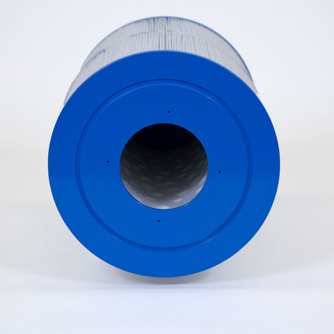white cylindrical pool filter cartridge with a bright blue plastic end cap and central hollow core