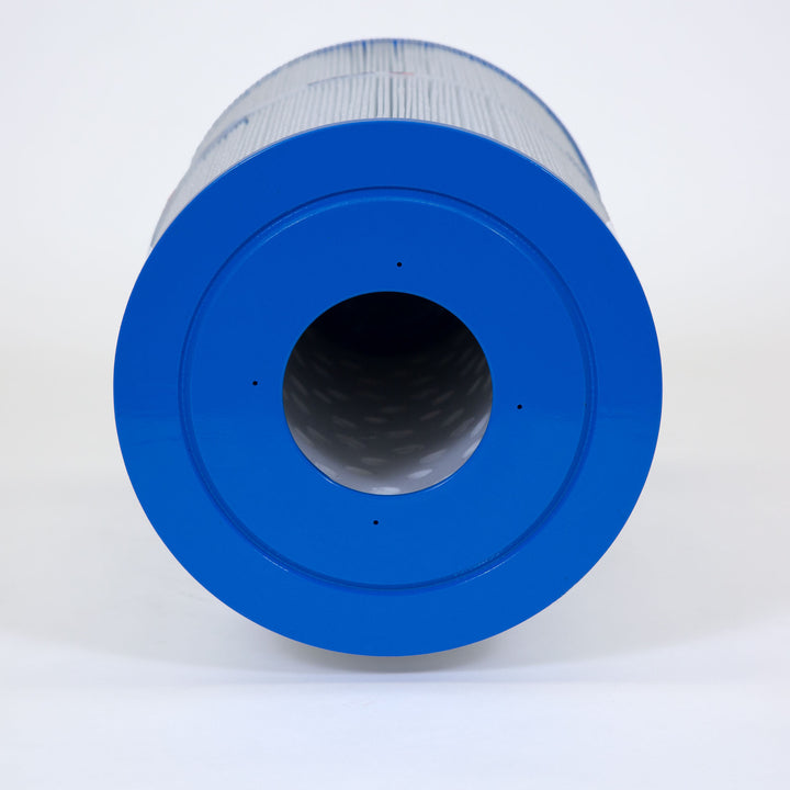 white cylindrical pool filter cartridge with a bright blue plastic end cap and central hollow core
