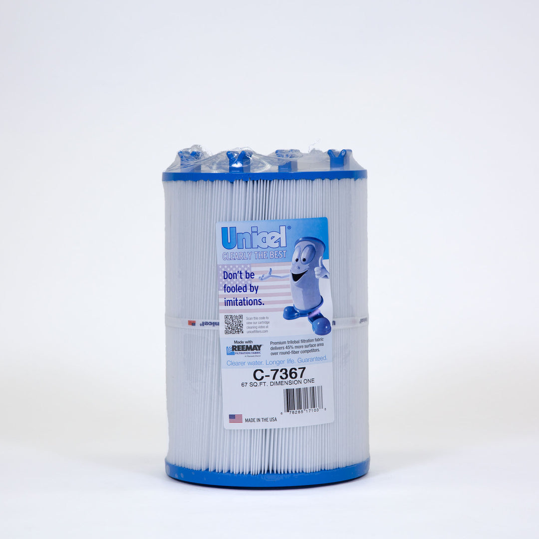 Cylindrical white pool and spa filter cartridge with blue plastic ends and a label featuring a smiling filter cartoon and text